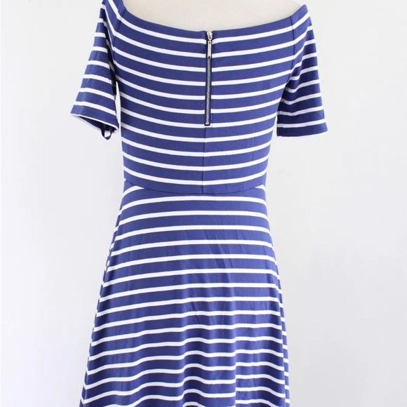White House Black Market off shoulder stripe dress, large navy nautical skater - Picture 2 of 6
